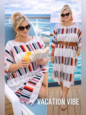 Resort Cruise Dress 2X Striped Vacation Caftan Poolside Cover Up Beach Midi Plus
